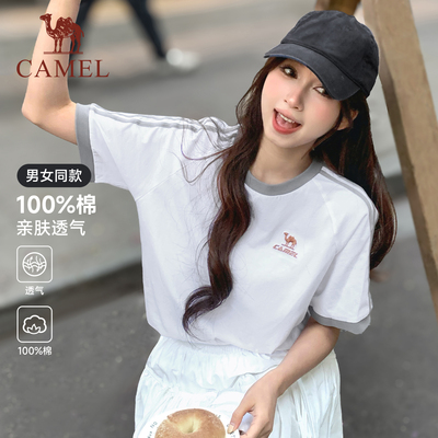 骆驼柔绵T神春夏季棉t恤女短袖圆领情侣复古宽松运动休闲上衣男