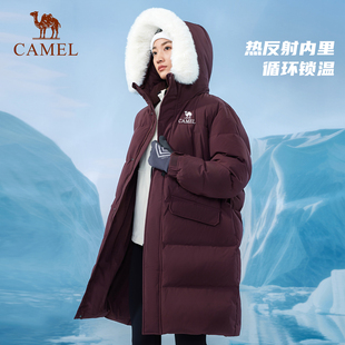 骆驼运动工装毛领羽绒服女中长款加厚派克外套