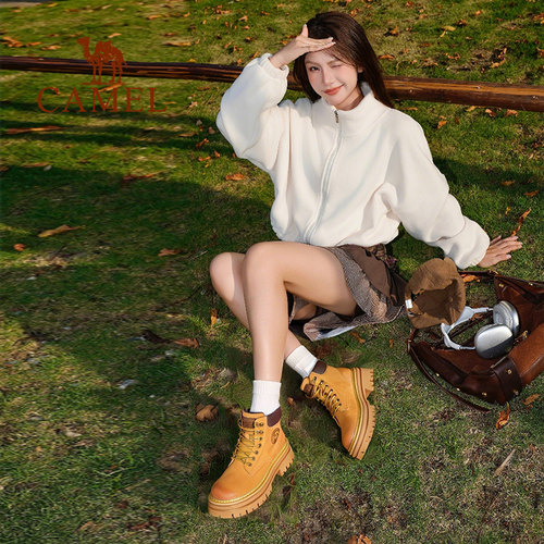 骆驼大黄靴马丁靴女款2025新款英伦风冬季厚底靴子登山鞋工装短靴 - 图1