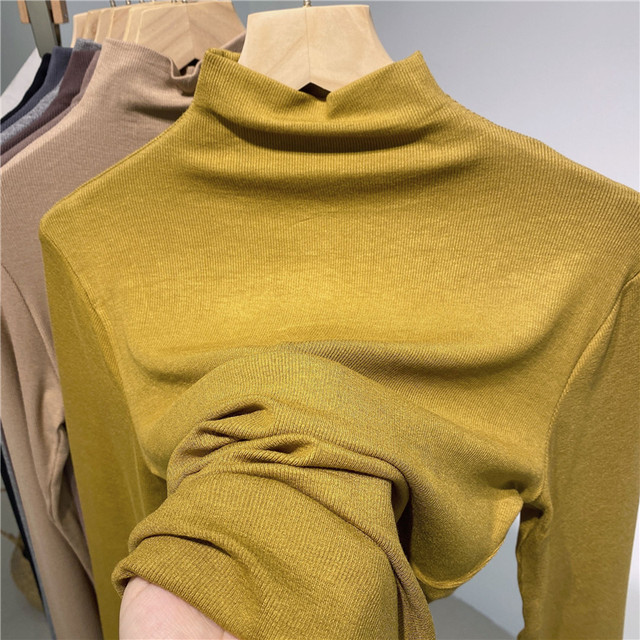 Yuanxi Yuanxi Half -high -necked long -sleeved elastic thread cotton slimming T -shirt female early autumn solid color wild top