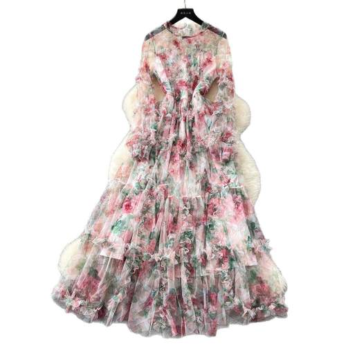 Floral Tulle Tiered Evening Gown Sheer Ruffled Max Sheer - 图3