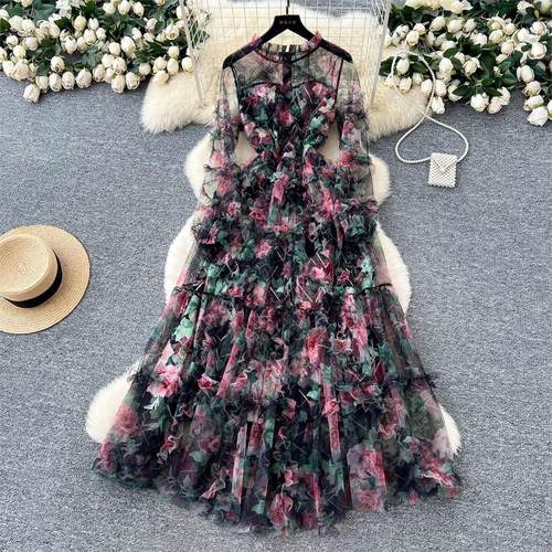 Floral Tulle Tiered Evening Gown Sheer Ruffled Max Sheer - 图1