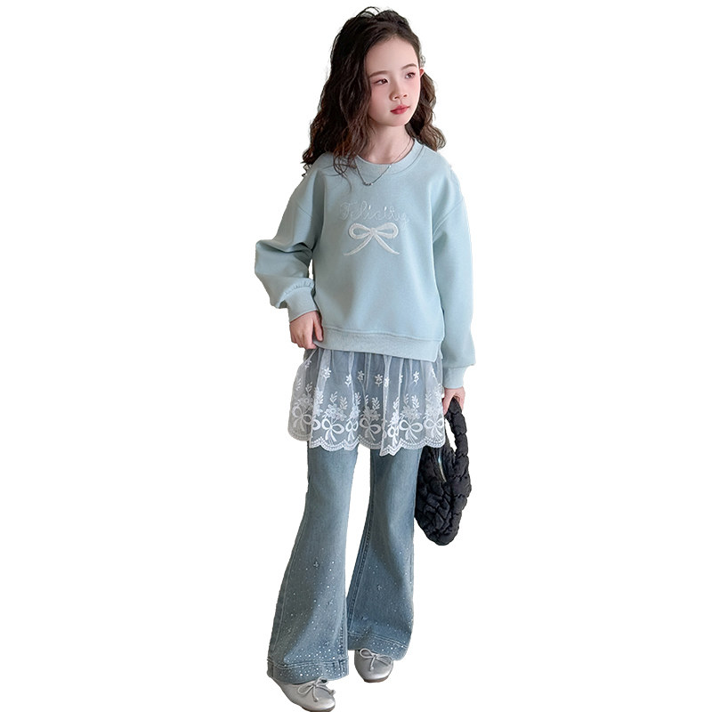 女大童春装卫衣套装春季时髦牛仔喇叭裤2025新款女孩韩范春秋款潮,淘宝优惠券,粉丝福利购,淘宝优惠卷
