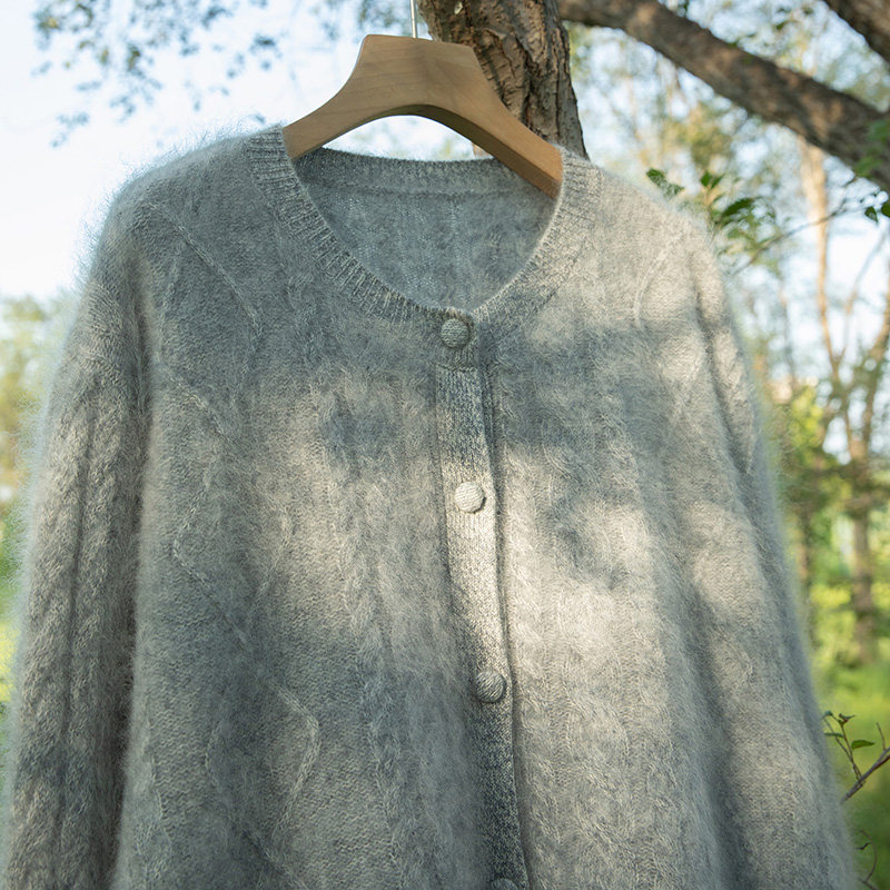 山羊绒花纱绞花开衫女宽松慵懒风圆领纽扣毛绒针织外套加厚,淘宝优惠券,粉丝福利购,淘宝优惠卷