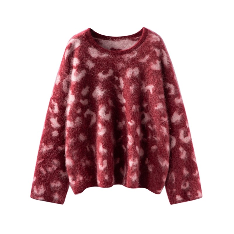 山羊绒拉绒毛衣女拼色圆领提花宽松慵懒风针织衫打底长袖套头,淘宝优惠券,粉丝福利购,淘宝优惠卷