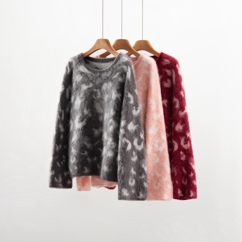 山羊绒拉绒毛衣女拼色圆领提花宽松慵懒风针织衫打底长袖套头,淘宝优惠券,粉丝福利购,淘宝优惠卷