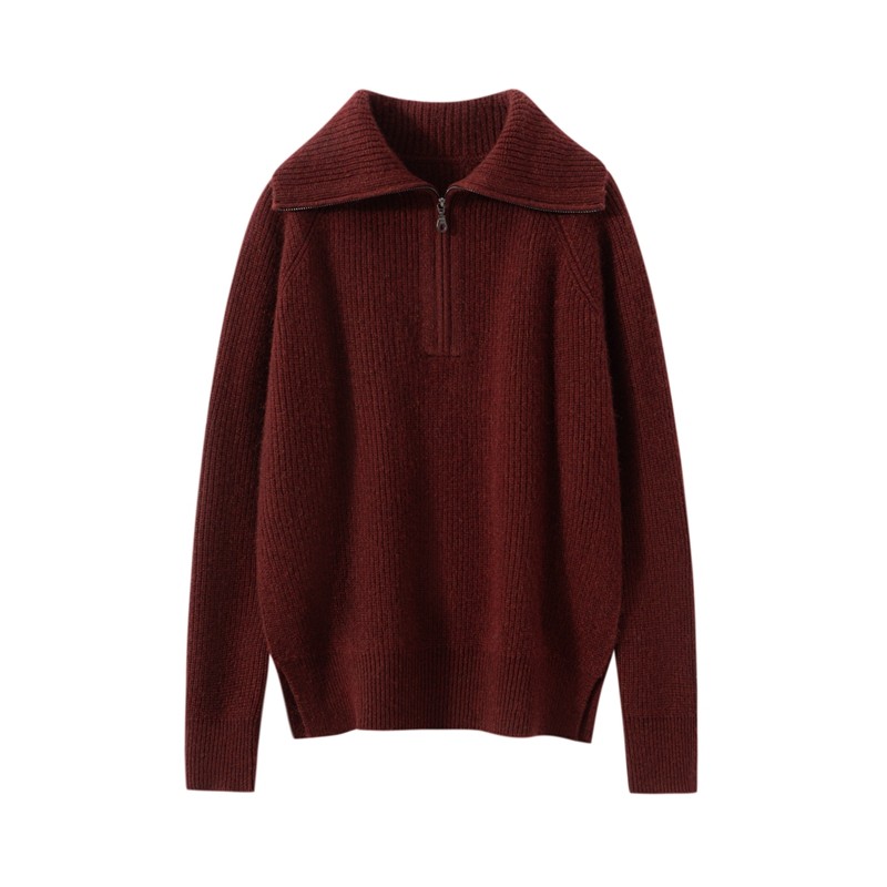 山羊绒衫女下摆开叉翻领半拉链针织套头毛衣百搭通勤风长袖上衣,淘宝优惠券,粉丝福利购,淘宝优惠卷