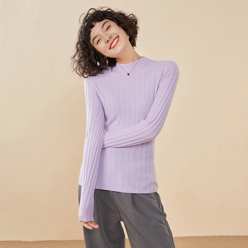 极简风半高领羊绒衫女套头修身坑条针织打底衫保暖毛衣,淘宝优惠券,粉丝福利购,淘宝优惠卷