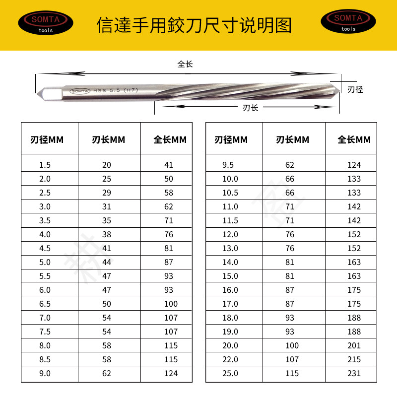 美国进口信达SOMTA手用加长加硬螺旋铰刀1.5-20MM公制英制 - 图3