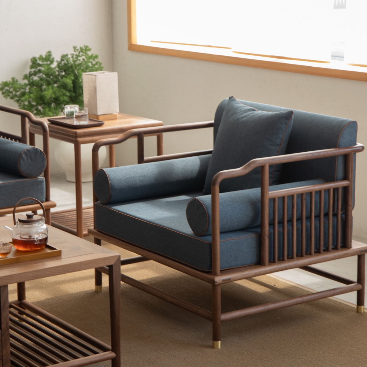 空器禅意新中式实木沙发客厅茶几组合布艺北美黑胡桃木三人位沙发