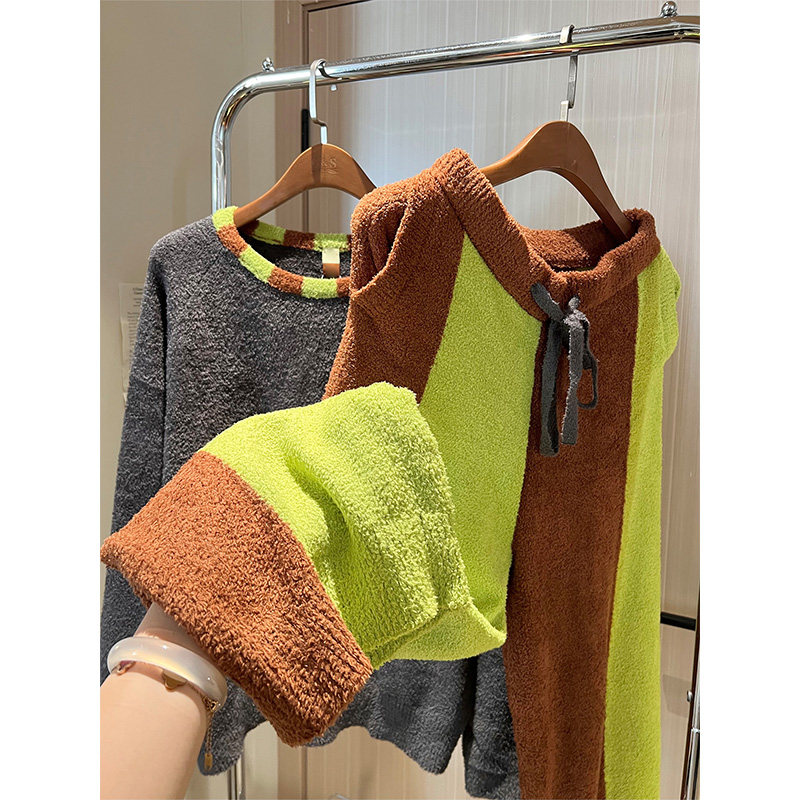 简约风少女半边绒长袖睡衣女 秋冬季新款家居服拼色长裤套装外穿,淘宝优惠券,粉丝福利购,淘宝优惠卷