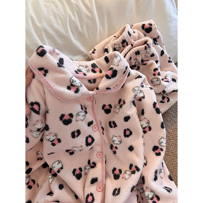 韩系甜美风少女豹纹Kitty毛绒睡衣女秋冬季新款家居服珊瑚绒套装,淘宝优惠券,粉丝福利购,淘宝优惠卷