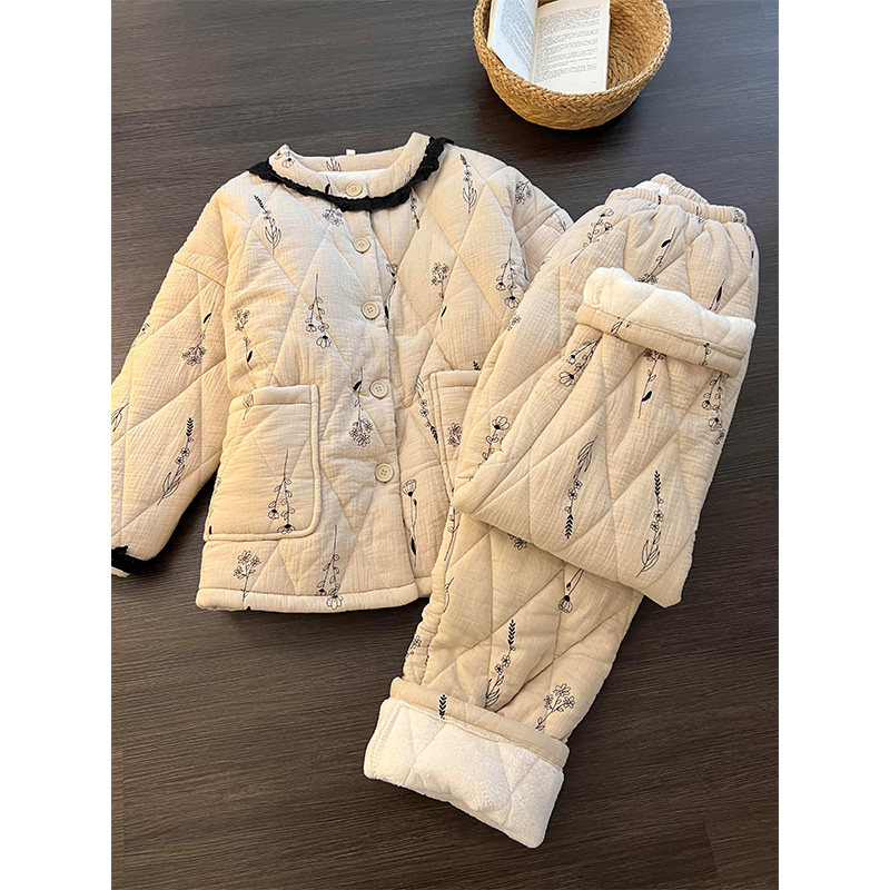 简约花朵三层夹棉加绒加厚睡衣女2025年秋冬季新款保暖家居服套装,淘宝优惠券,粉丝福利购,淘宝优惠卷
