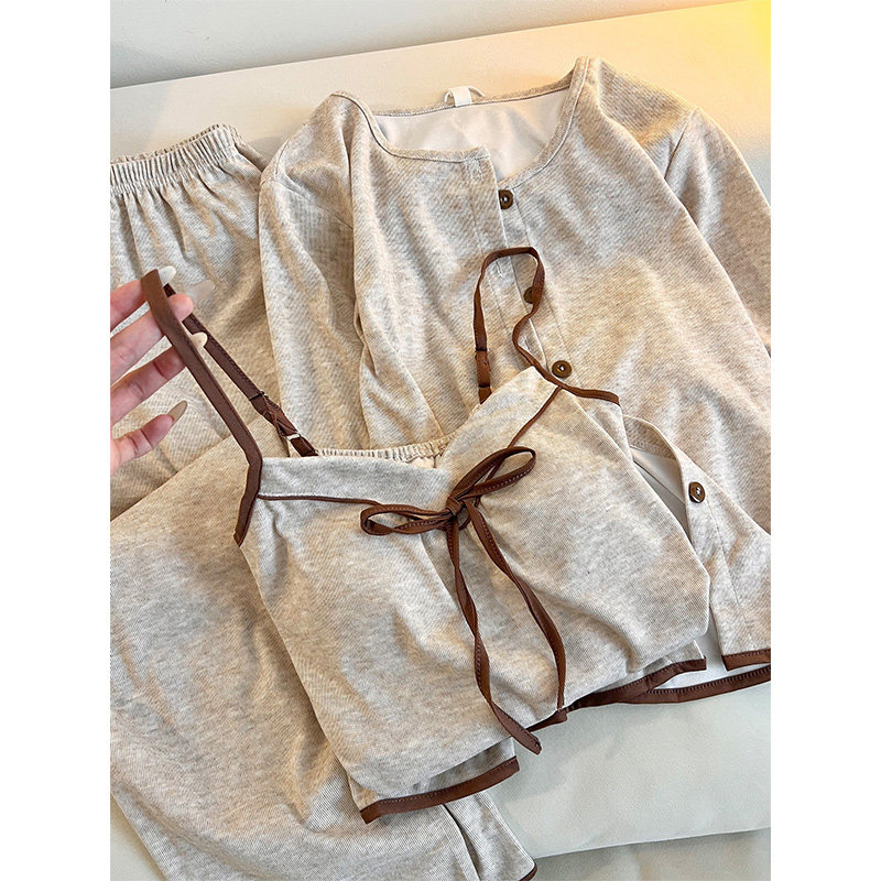 2026年高级感带胸垫吊带睡衣女春秋季新款家居休闲长袖长裤三件套,淘宝优惠券,粉丝福利购,淘宝优惠卷