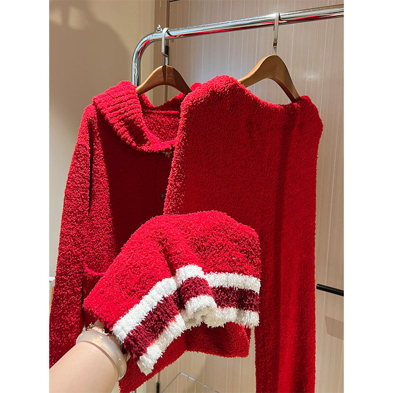 新年红色毛绒针织开衫睡衣女秋冬季新款家居服保暖家居服套装外穿,淘宝优惠券,粉丝福利购,淘宝优惠卷