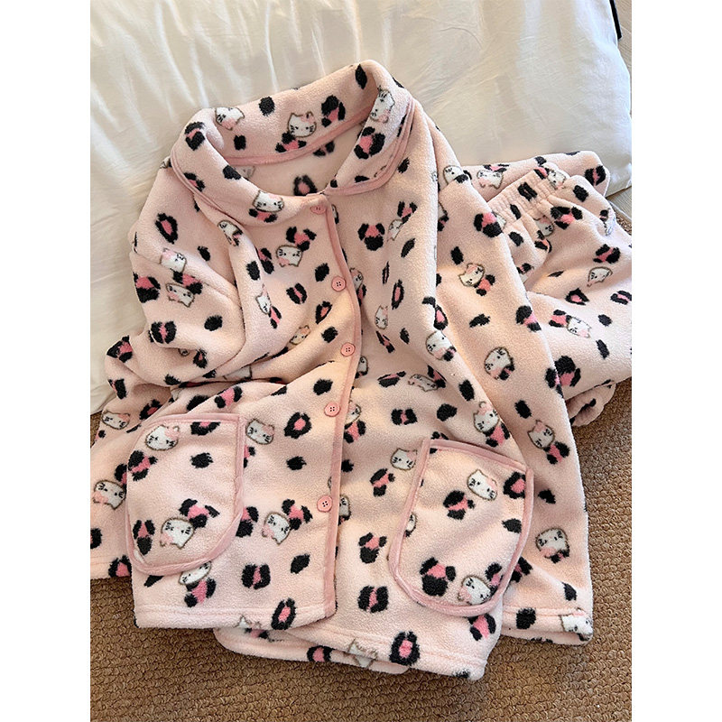 韩系甜美风少女豹纹Kitty毛绒睡衣女秋冬季新款家居服珊瑚绒套装,淘宝优惠券,粉丝福利购,淘宝优惠卷