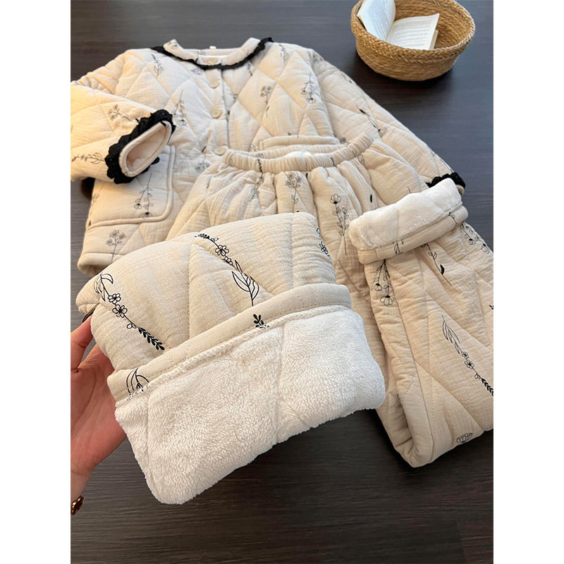 简约花朵三层夹棉加绒加厚睡衣女2025年秋冬季新款保暖家居服套装,淘宝优惠券,粉丝福利购,淘宝优惠卷