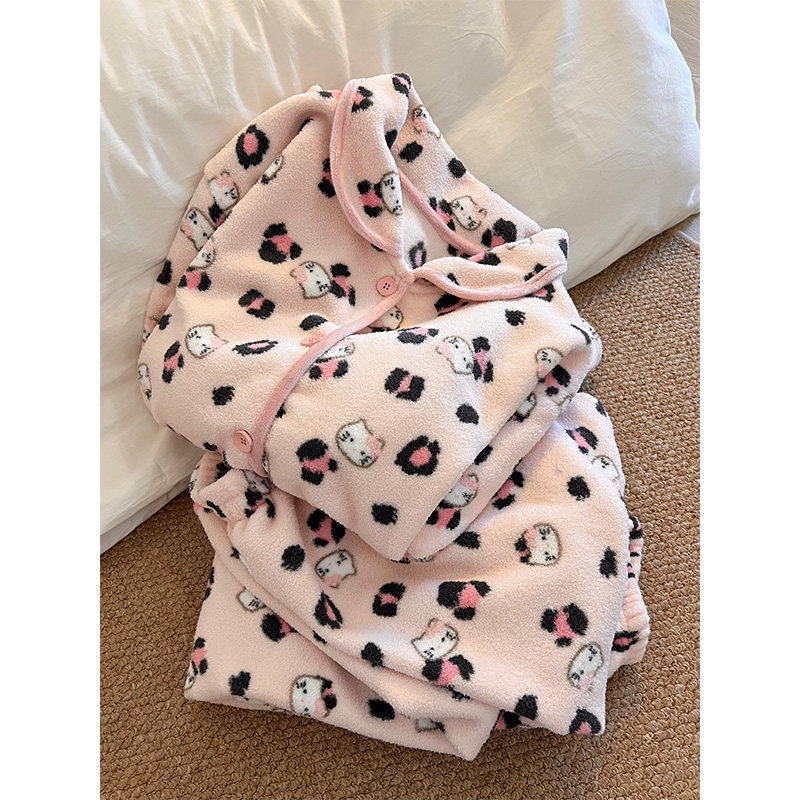 韩系甜美风少女豹纹Kitty毛绒睡衣女秋冬季新款家居服珊瑚绒套装,淘宝优惠券,粉丝福利购,淘宝优惠卷