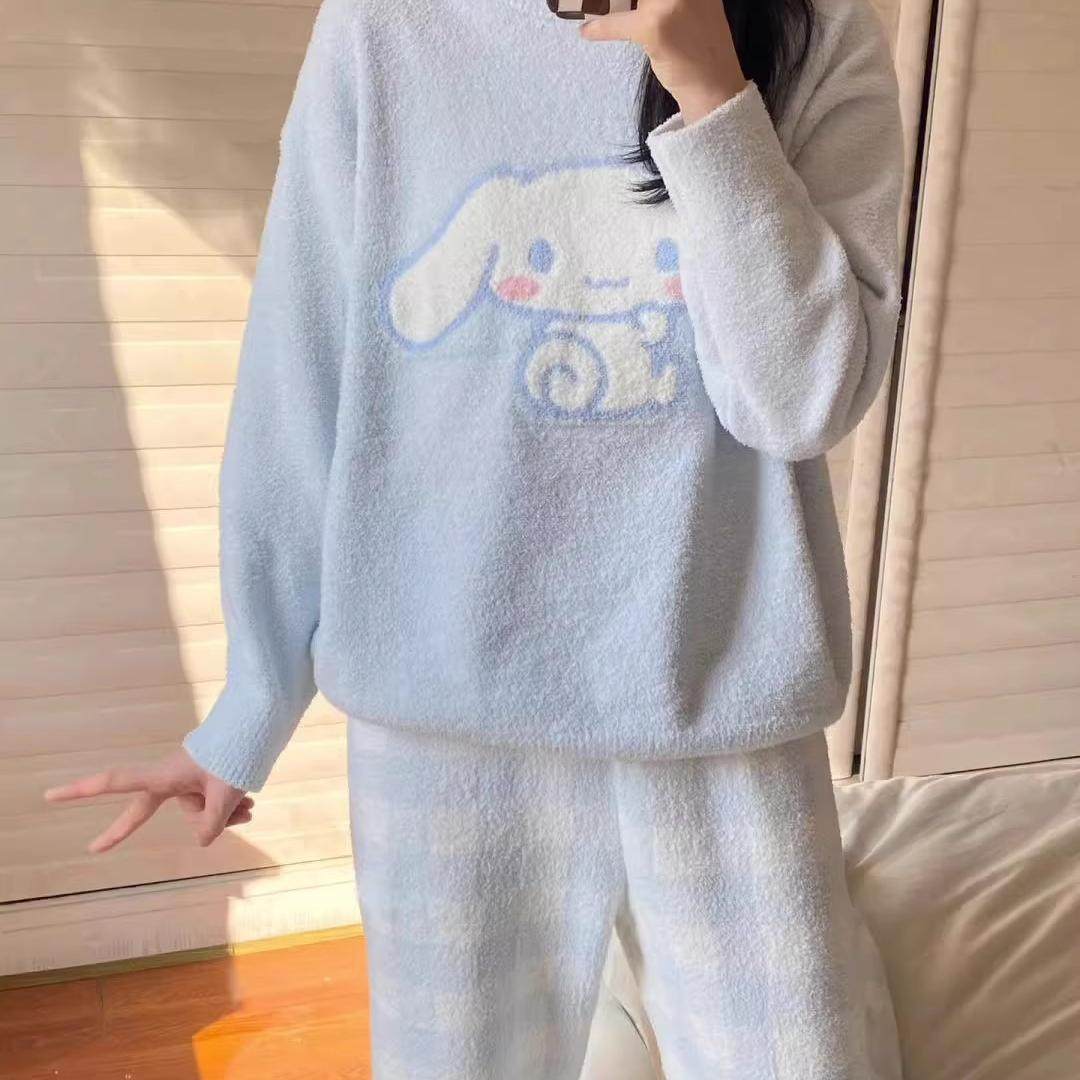 卡通玉桂狗毛绒针织长袖睡衣女2024秋冬季新款加厚长裤家居服套装,淘宝优惠券,粉丝福利购,淘宝优惠卷