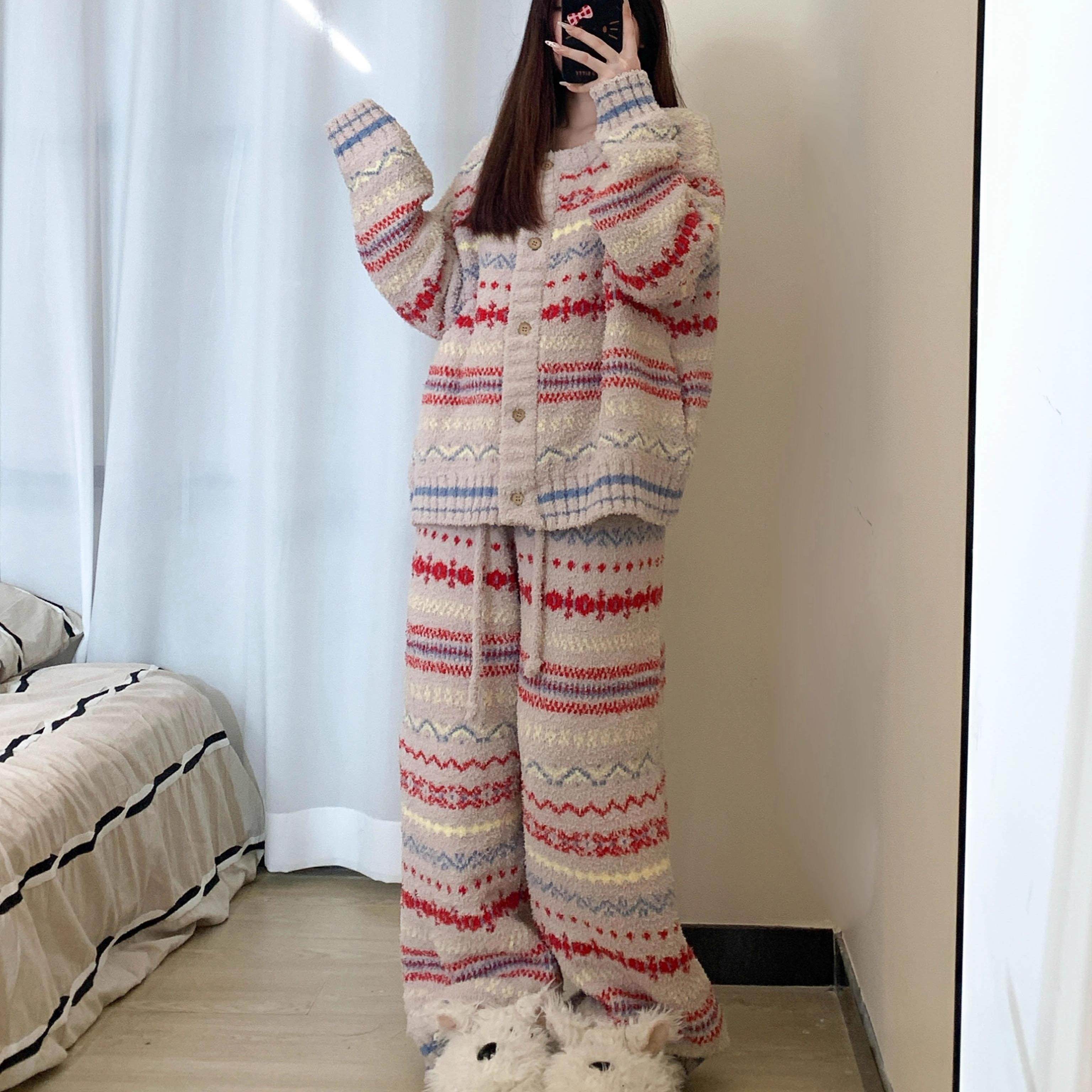 冬日大码保暖睡衣女2024冬季新款针织半边绒彩色条纹家居服两件套,淘宝优惠券,粉丝福利购,淘宝优惠卷