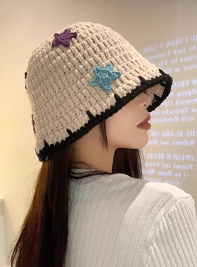 可爱星星针织渔夫帽子女秋冬韩版百搭显脸小毛线盆帽大头围水桶帽