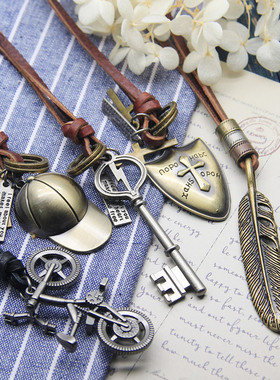 复古文艺牛皮绳项链真皮毛衣链