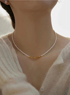 钛钢水晶珍珠女锁骨链