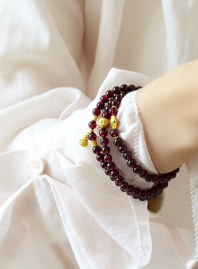 天然酒红石榴石手链女款多圈时尚百搭石榴石手串送闺蜜女友礼物
