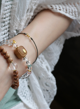 原创天然白水晶手串女款双圈老山檀木手链幸运手饰送女友闺蜜礼物