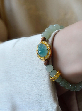 纯银鎏金镶蓝水翡翠A货貔貅天然和田玉冰底晴水手链玉石男女手串