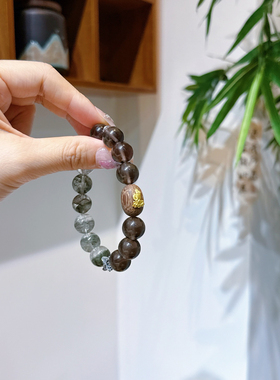 五行木天然绿幽灵手链茶晶手串男女款时尚复古单圈手饰送礼物好运