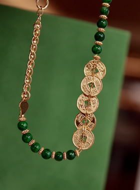 天然缅甸翡翠A货手链女款纯银鎏金五帝钱高级感招财转运珠正品