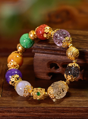 天然翡翠A货回纹珠多宝手链女南红水晶纯银鎏金碧玺蜜蜡发晶手串