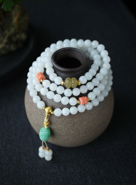 18k金新疆天然和田白玉圆珠项链手串女款新中式时尚饰品生日礼物