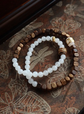 天然和田白玉羊脂玉手链女款奇楠沉香双圈手串招财转运珠送礼物