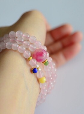 天然巴西粉晶手链女款原创设计多圈纯银手串项链招财转运珠礼物