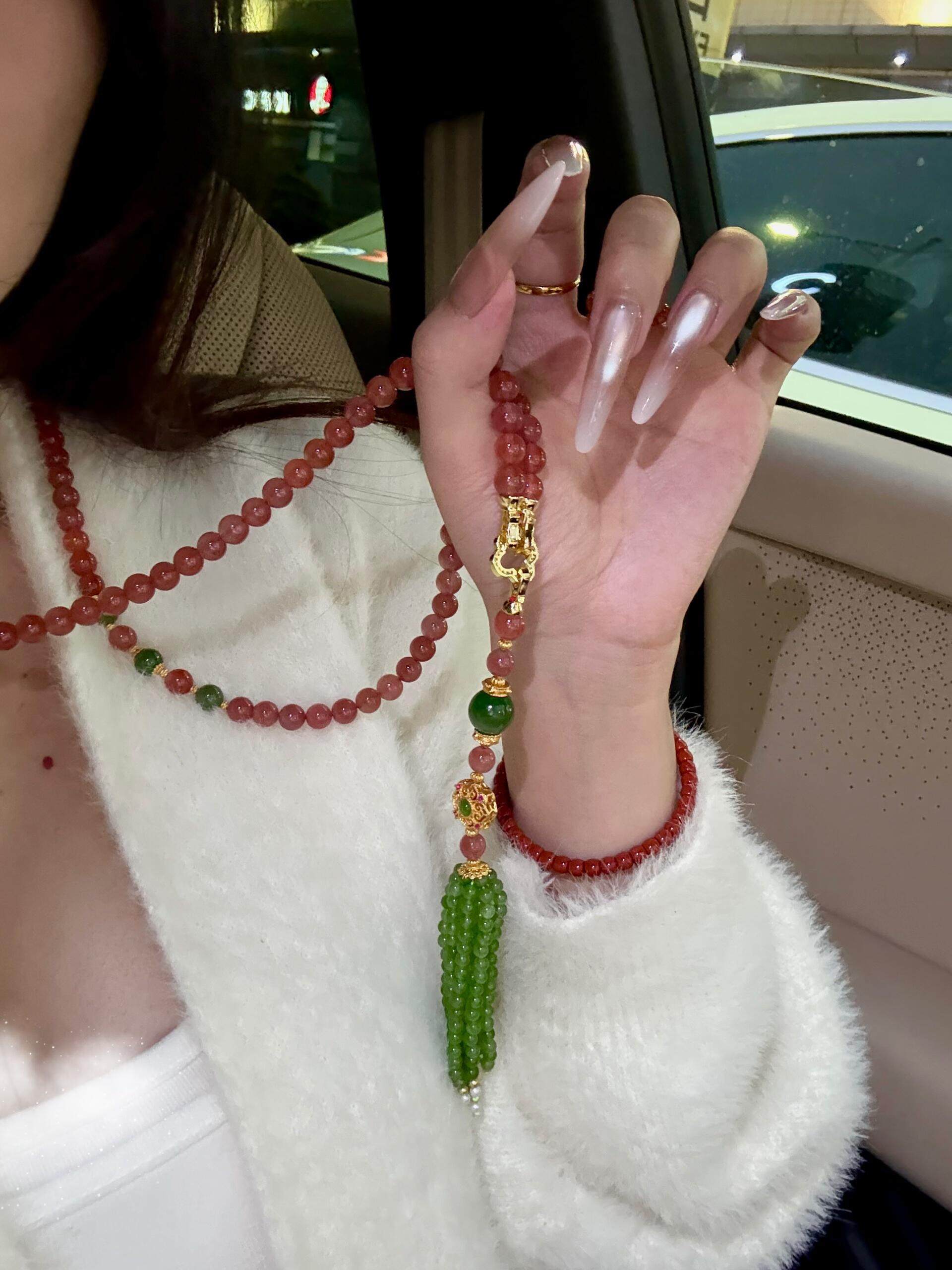 天然南红玛瑙樱桃红108项链女款和田碧玉高级感招财转运珠毛衣链,淘宝优惠券,粉丝福利购,淘宝优惠卷