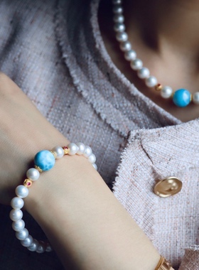 天然海纹石淡水珍珠项链手链套装时尚典雅夏日气质女款生日礼盒