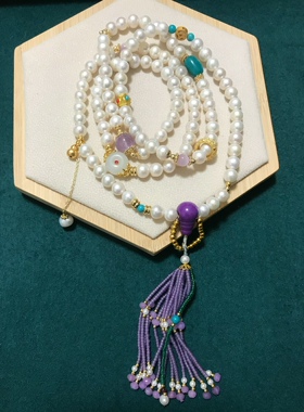 天然淡水珍珠毛衣链纯银紫水晶女