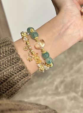 天然独龙玉非洲翠手链女款白水晶单圈手串纯银招财转运珠送礼物