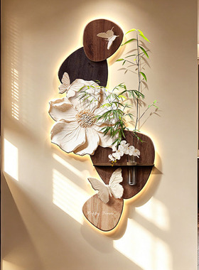 中古风玄关水培绿植灯光挂画