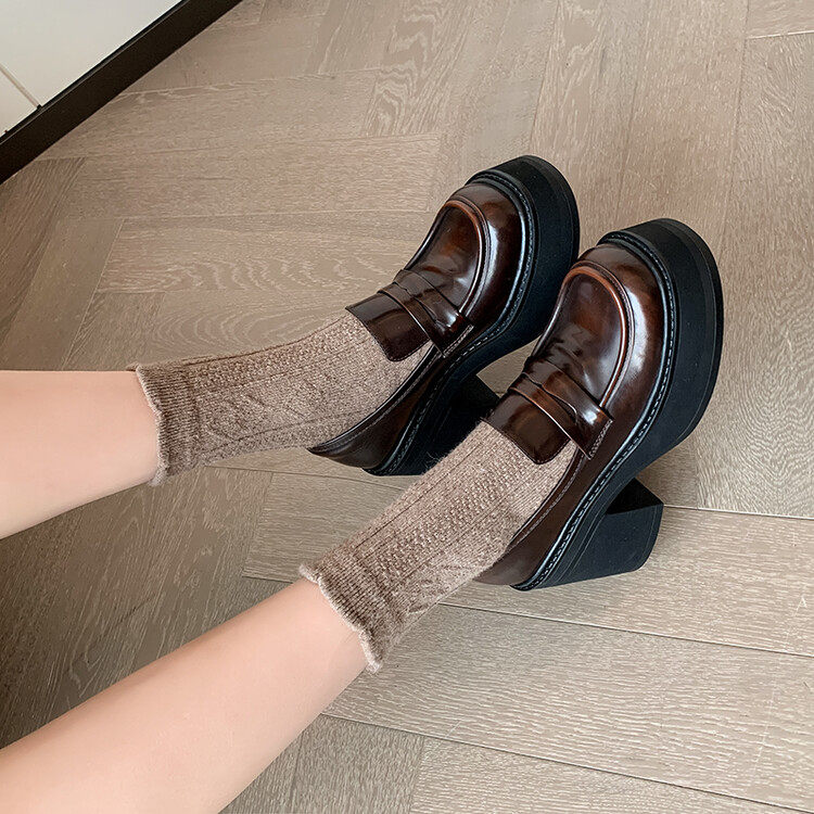 春秋厚底乐福鞋女小个子粗跟9cm增高圆头小皮鞋时尚Jk风深口单鞋,淘宝优惠券,粉丝福利购,淘宝优惠卷