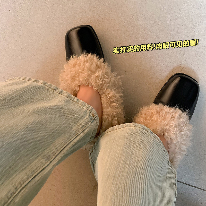 全真皮东北冬季新品小众设计5.5cm粗高跟毛毛鞋方头单鞋女乐福鞋,淘宝优惠券,粉丝福利购,淘宝优惠卷