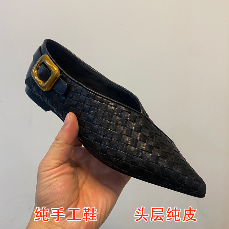 复古真皮马毛法式浅口百搭尖头编织平底豹春秋纹单鞋V口奶奶鞋女,淘宝优惠券,粉丝福利购,淘宝优惠卷