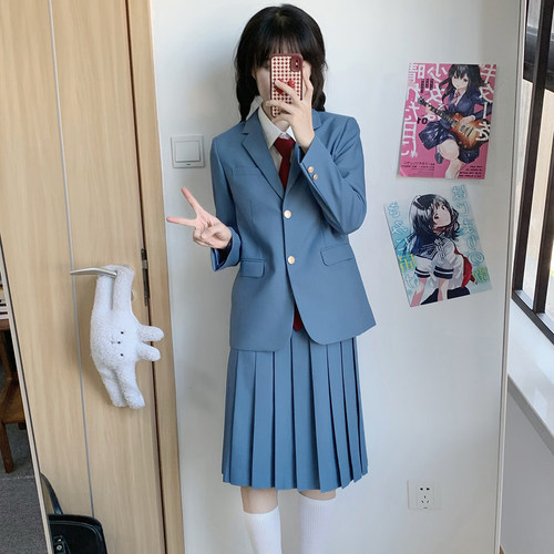 樱花家族jk漫画感绀碧色 校供感西服西裤DK制服西装外套套装男女 - 图0