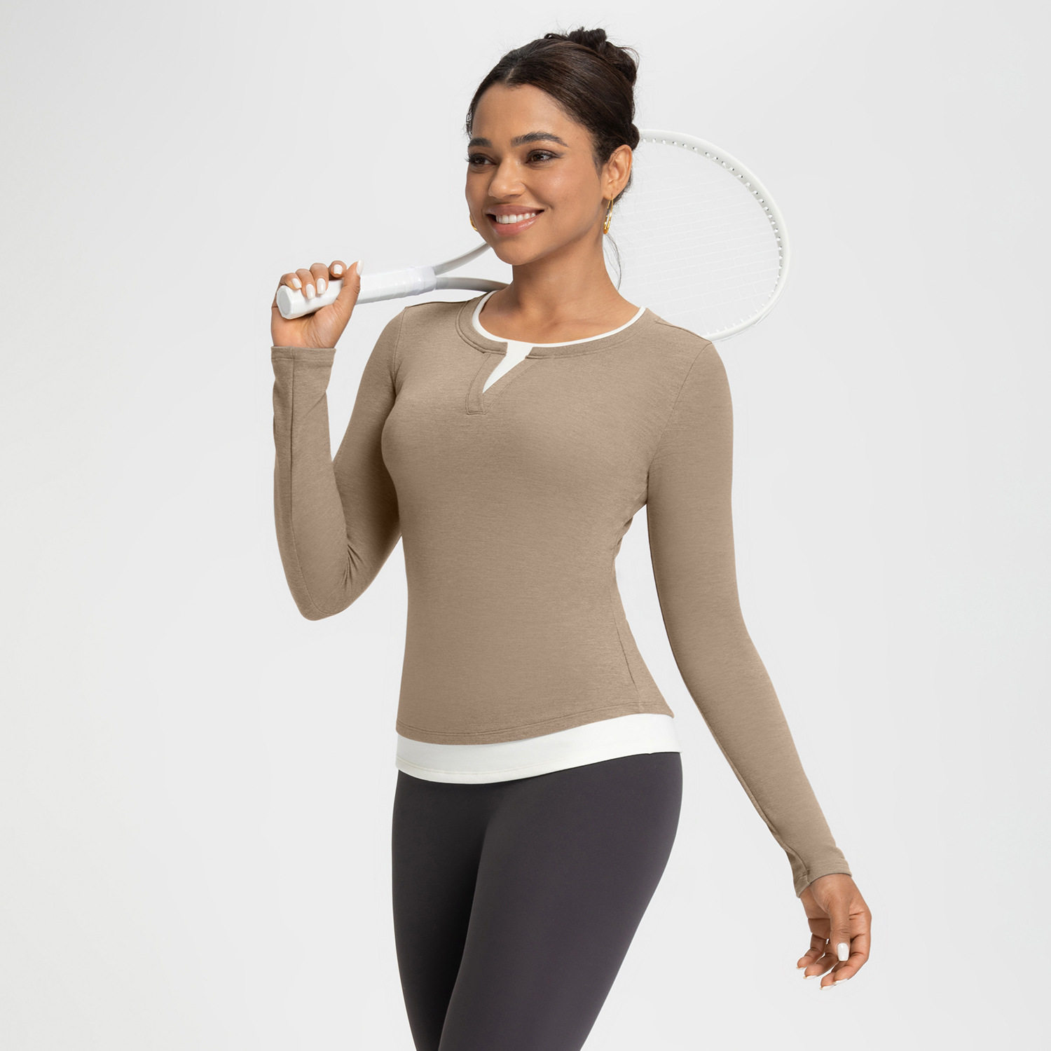 秋冬新款瑜伽服女羊毛加绒假两件裸感V领运动休闲健身长袖上衣T恤,淘宝优惠券,粉丝福利购,淘宝优惠卷