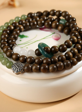 批发金丝檀木和田玉三圈手链S925老银配件新中式国风新潮文玩手串