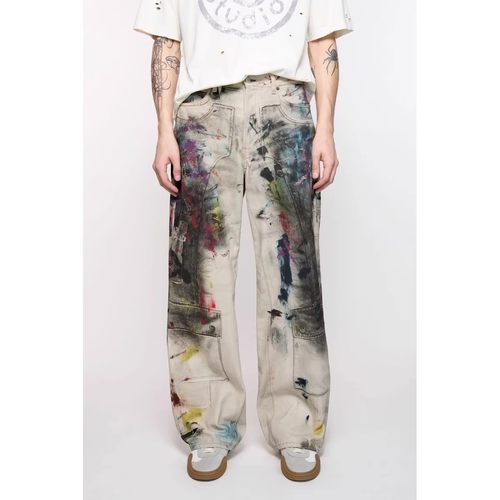 美式AC风格谢霆锋同款牛仔裤3D数码打印涂鸦泼墨脏染宽松直筒男女 - 图2