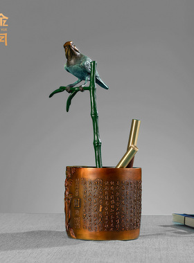 铜艺坊兰亭序笔筒铜摆件新中式商务老板办公桌书房老师礼物铜摆件