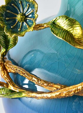 新中式蓝色陶瓷花瓶摆件珐琅彩新中式客厅玄关插花艺术装饰品